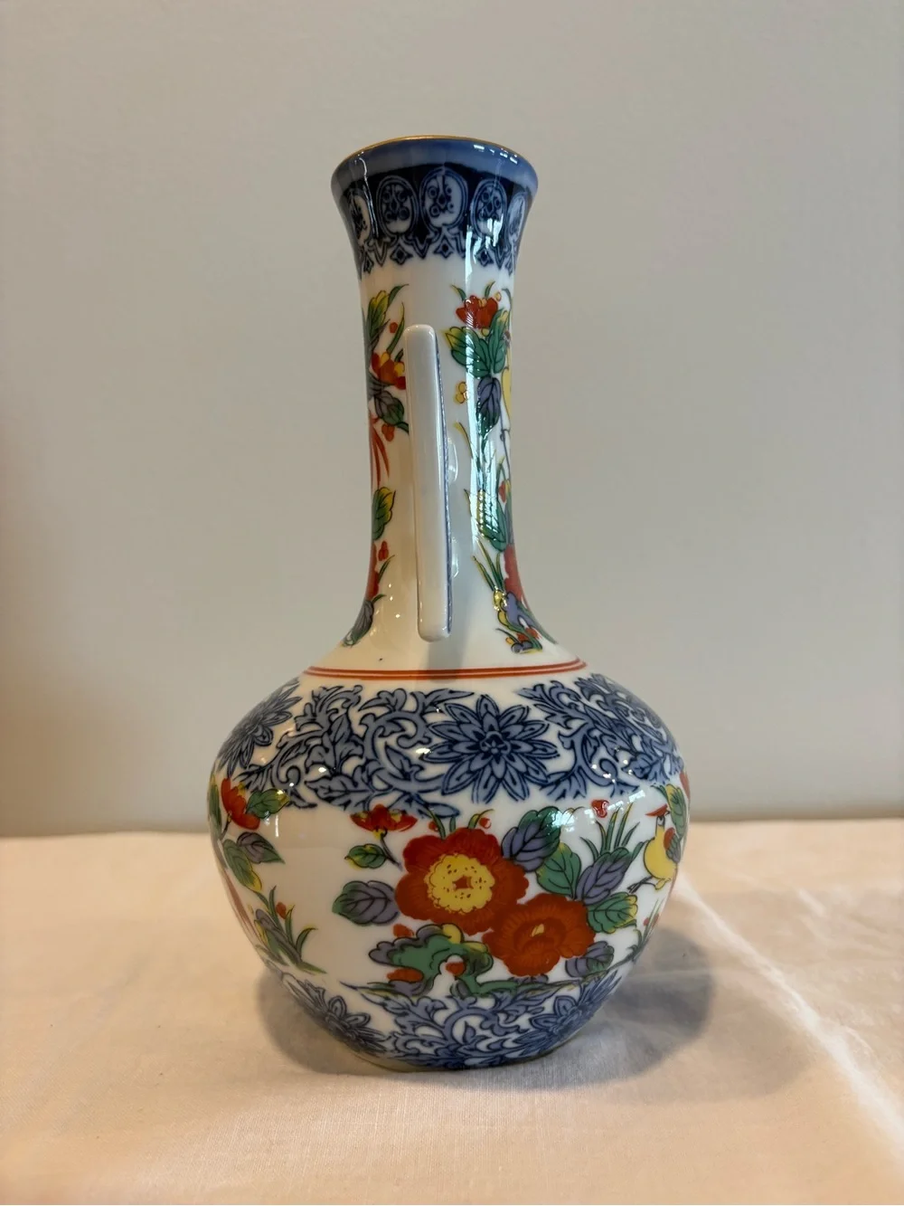 Vintage Otagiri OMC Vase Side Handles Yellow Bird Blue Design 9”